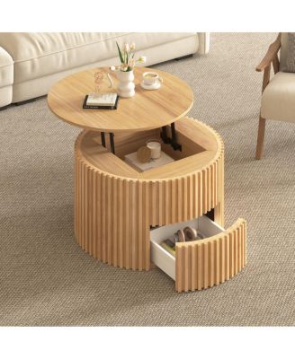 Round Fluted Wood Lift Top Coffee Table with Hidden Storage