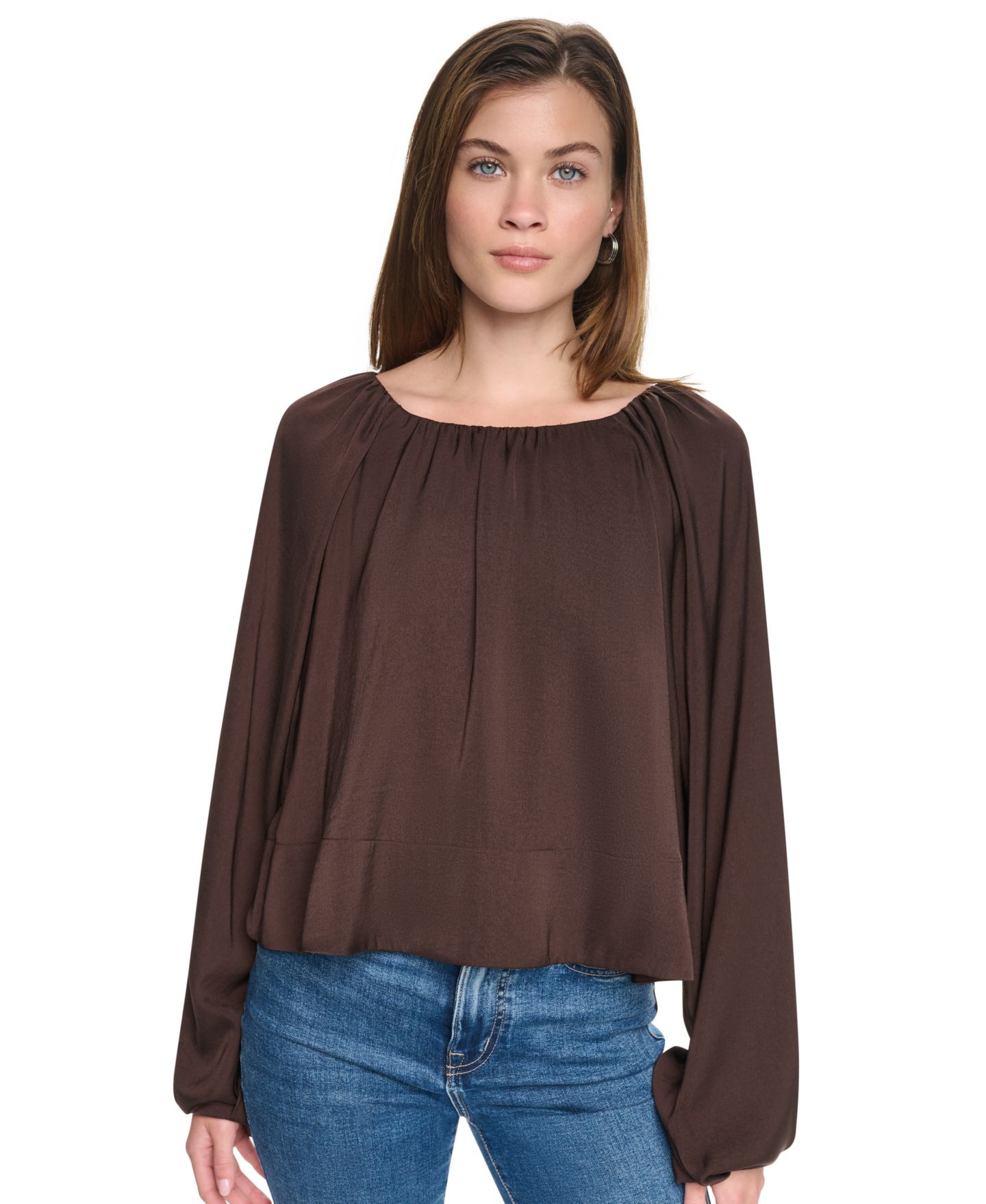 Женская блузка DKNY Jeans Shirred Boat Neck Long-Sleeve Raglan Blouse, цвет: Тёмно-коричневый — фото 4