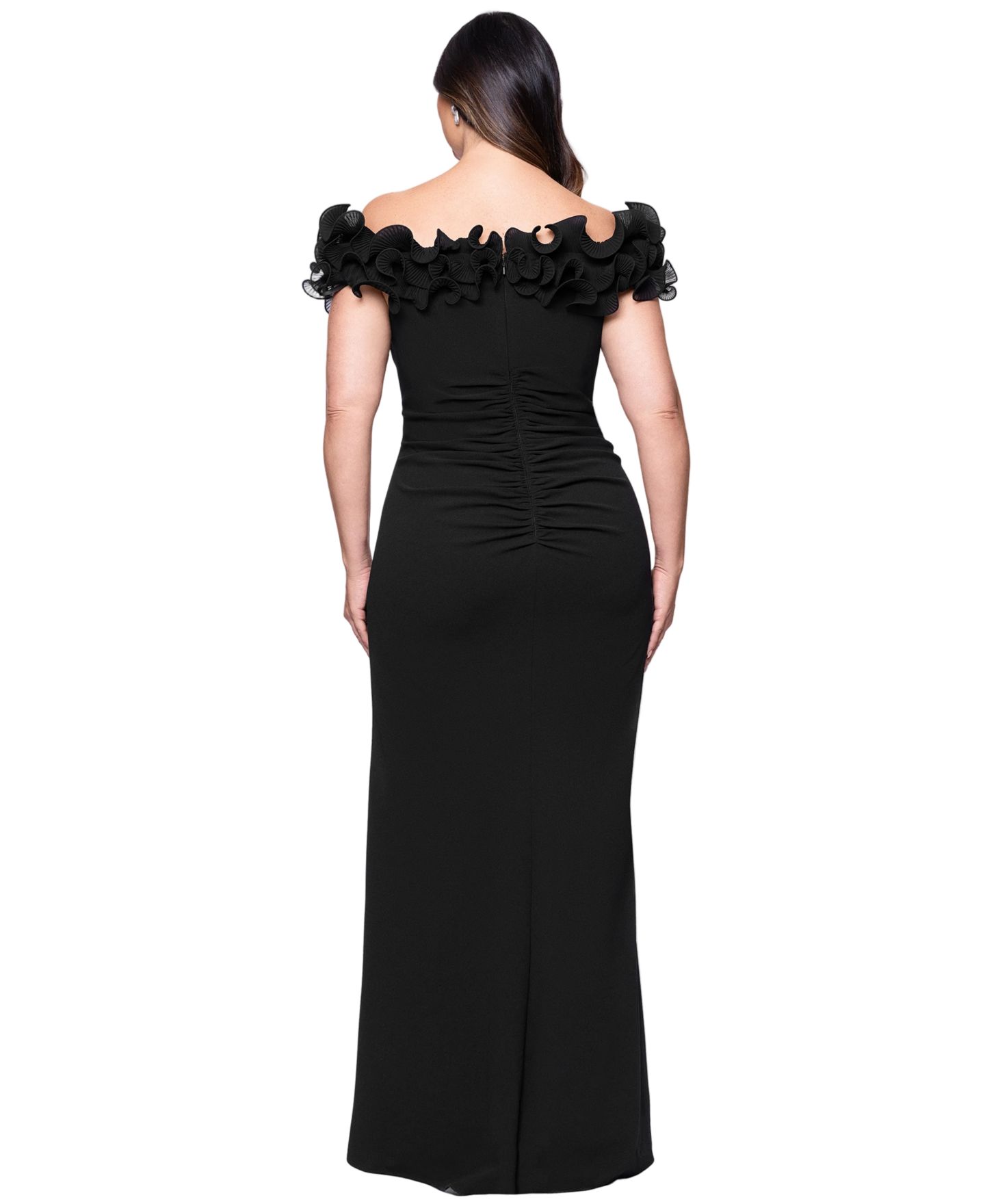 Женские платья XSCAPE Ruffled-Off-The-Shoulder Crepe Gown, цвет: Чёрный — фото 4