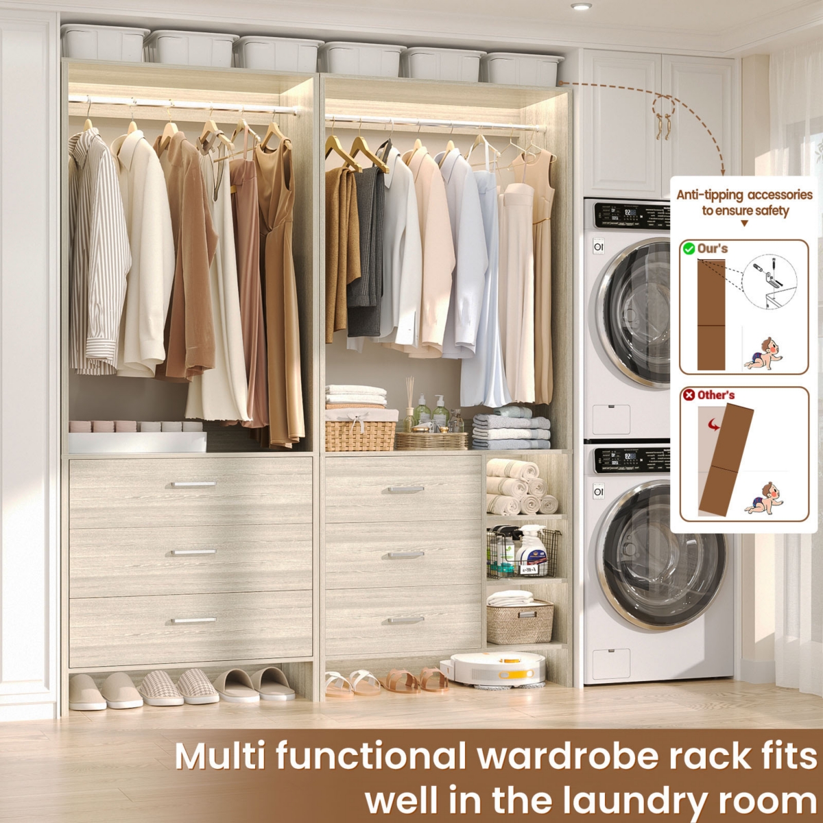 Aheaplus 54-In Closet System Set with Wood Drawers and Hanging Rods
