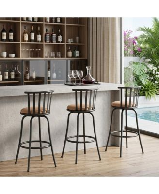 Set of Three Suede Faux Leather and Iron Low Back Adjustable Height Swivel Bar Chairs