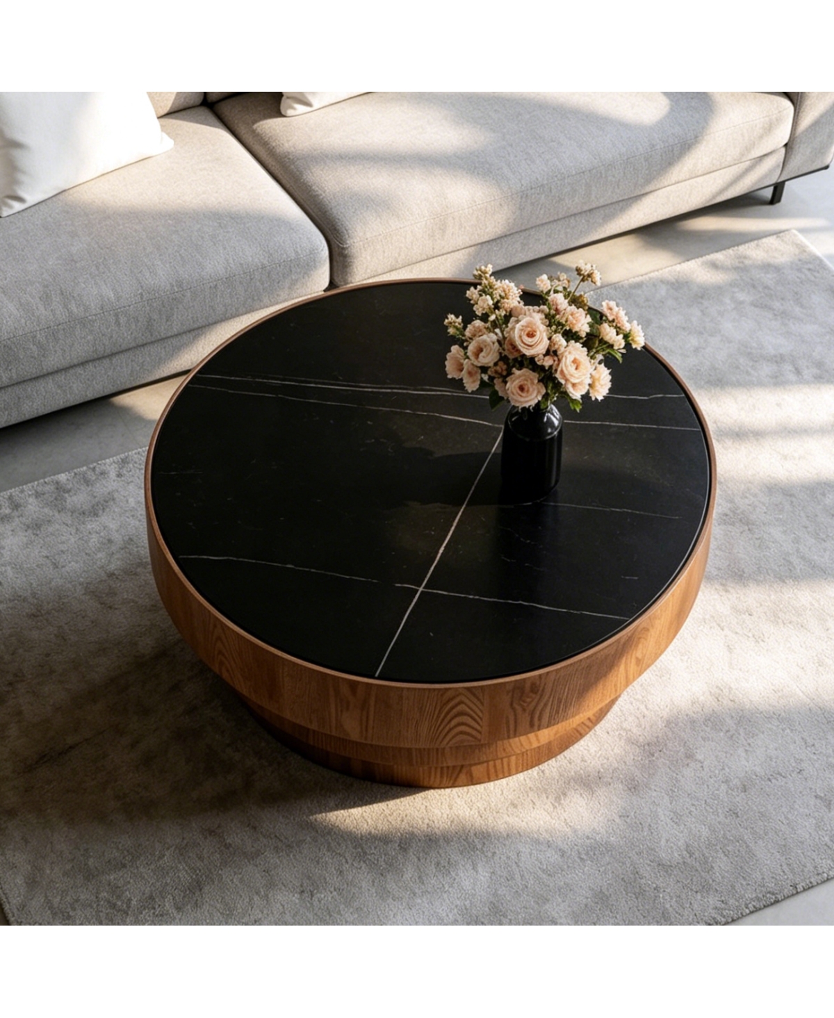 Streamdale Furniture 31.5" Round Sintered Stone Coffee Table with Tiered Wood Base