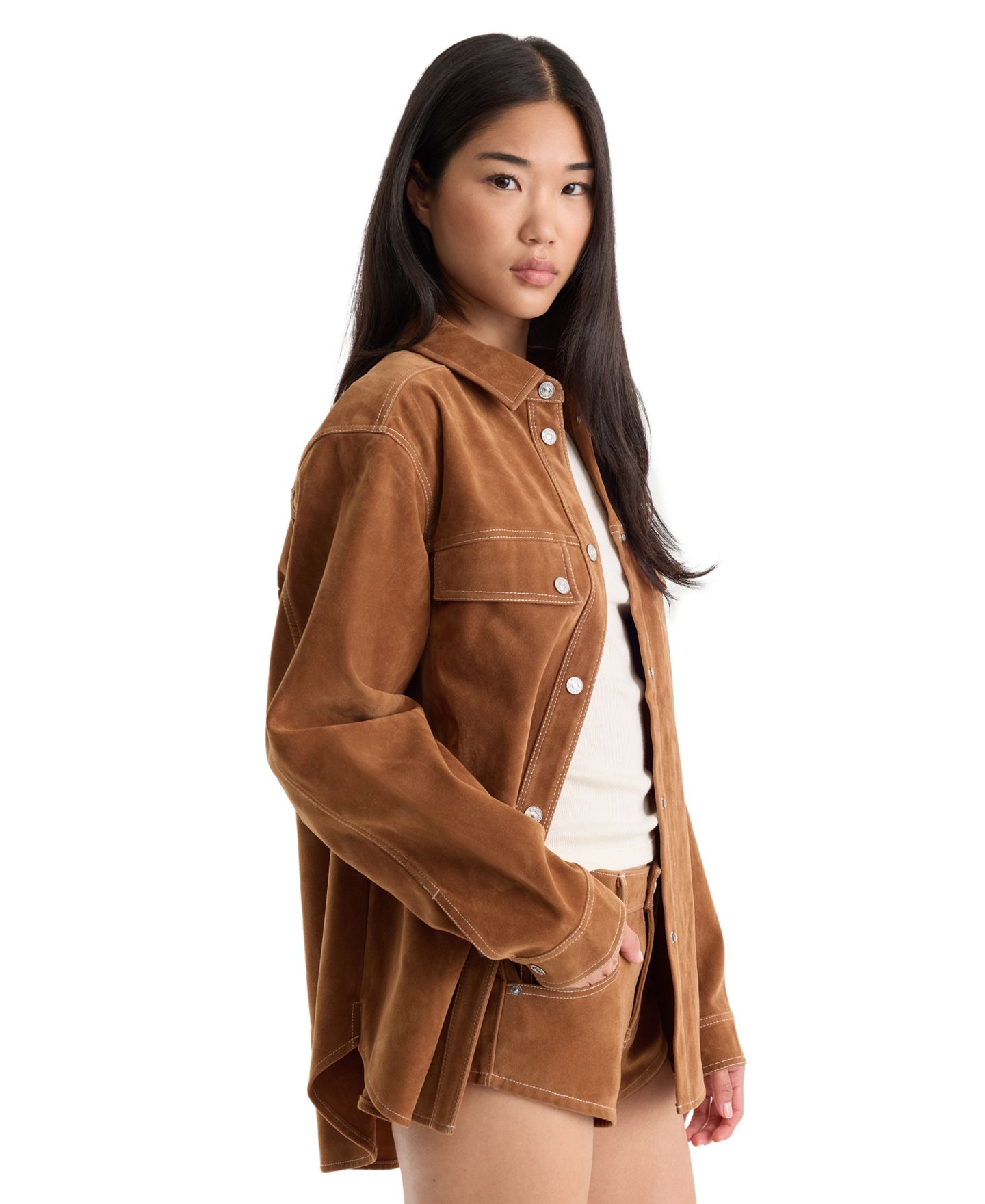 Женская рубашка Good American Faux Suede Collared Button-Front Overshirt, цвет: Глиняный — фото 3