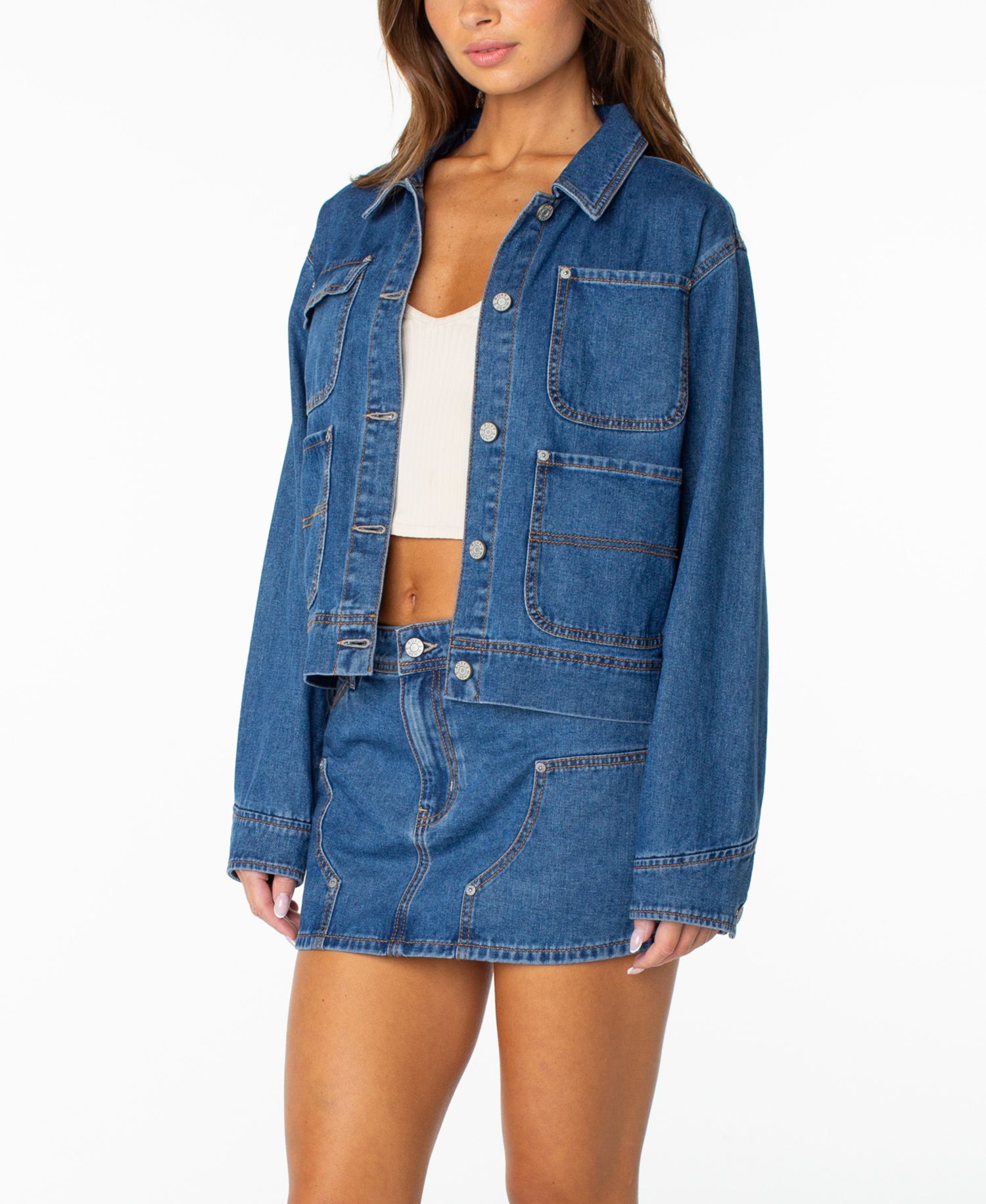 Women's Reel Life Cropped Oversized-Pocket Denim Jacket