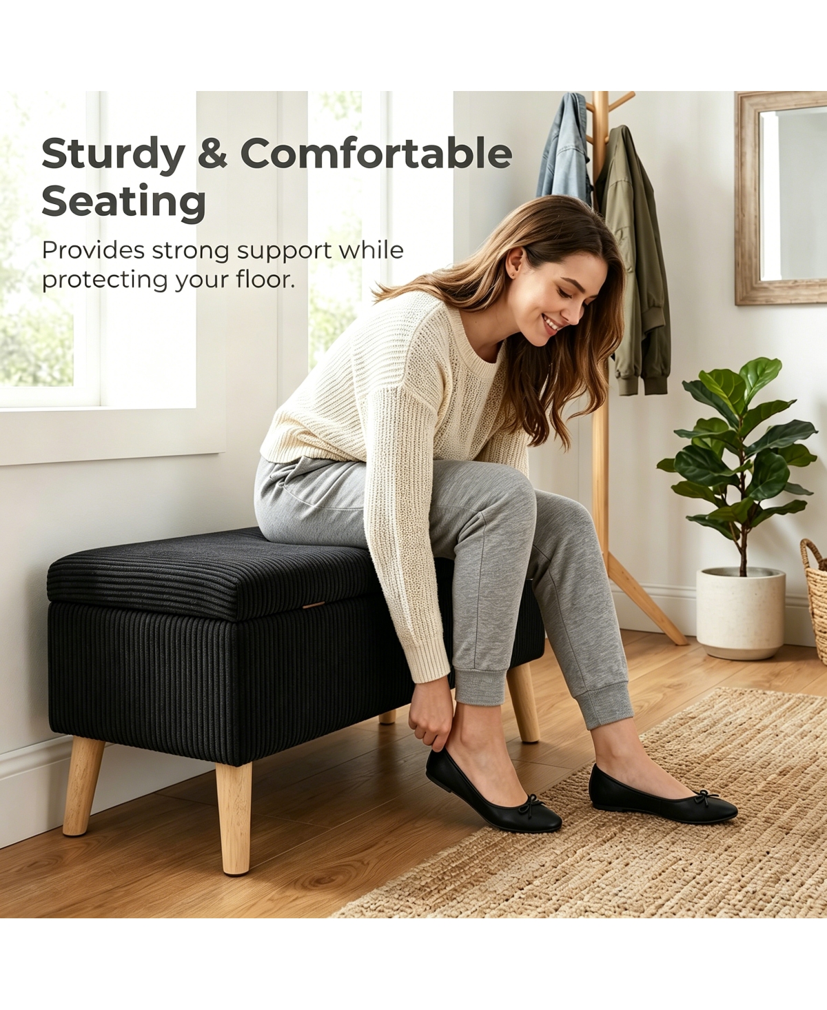 Streamdale Furniture 32" Corduroy Flip-Top Storage Ottoman Bench with Wooden Legs