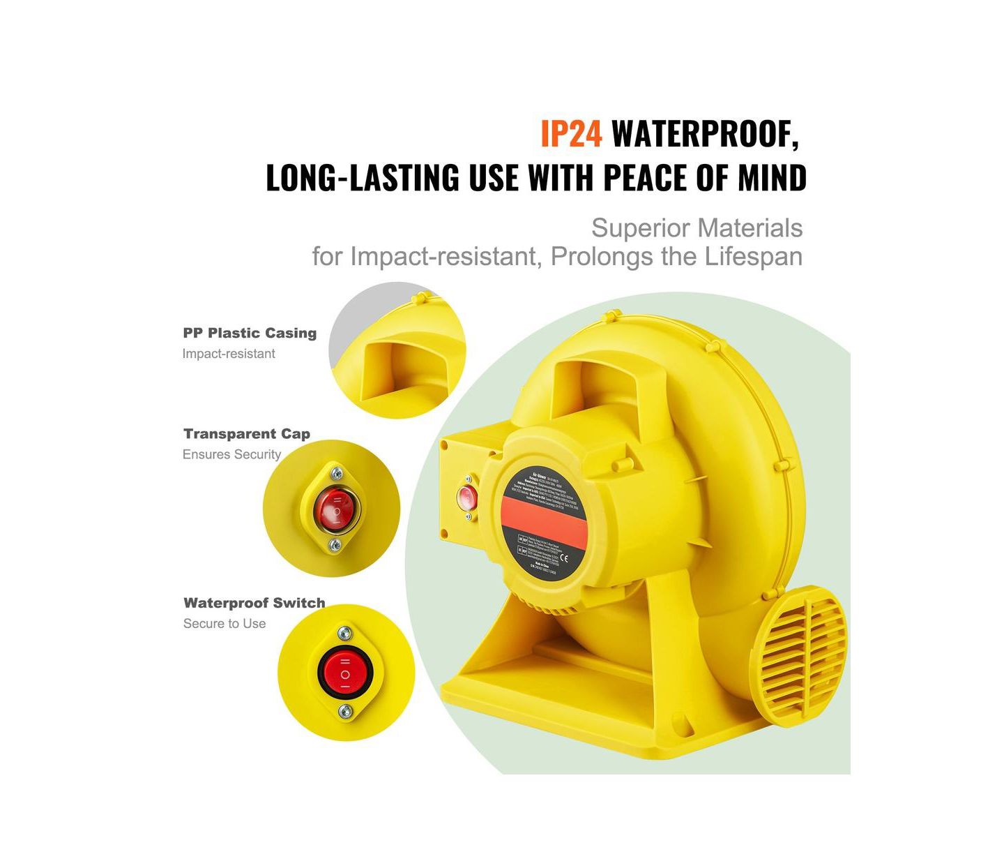 Детские игрушки SUGIFT 450W Inflatable Bounce House Blower Pump Fan with 1750Pa Wind Pressure, цвет: Жёлтый — фото 8
