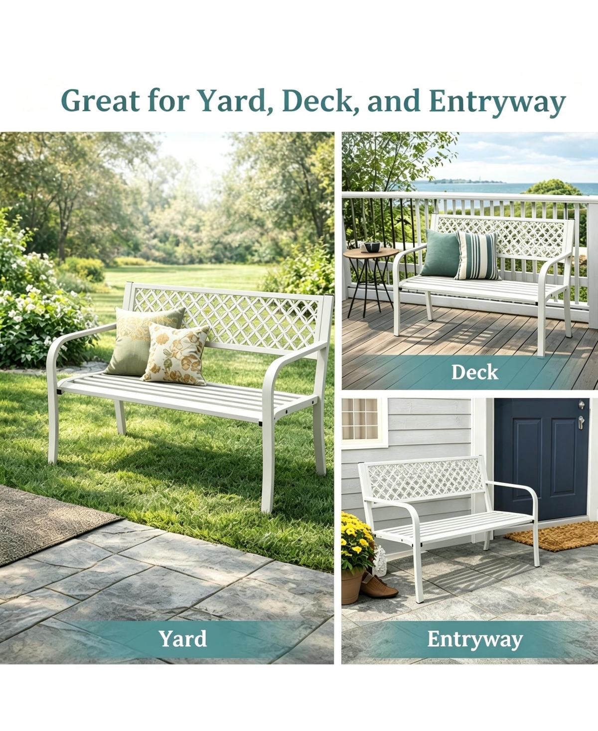 homfan 50" Heavy Duty Steel Patio Garden Bench for 2, Outdoor Chair,Weather Resistant, Durable Geometric Backrest, Ideal for Yard, Porch, Deck Seating