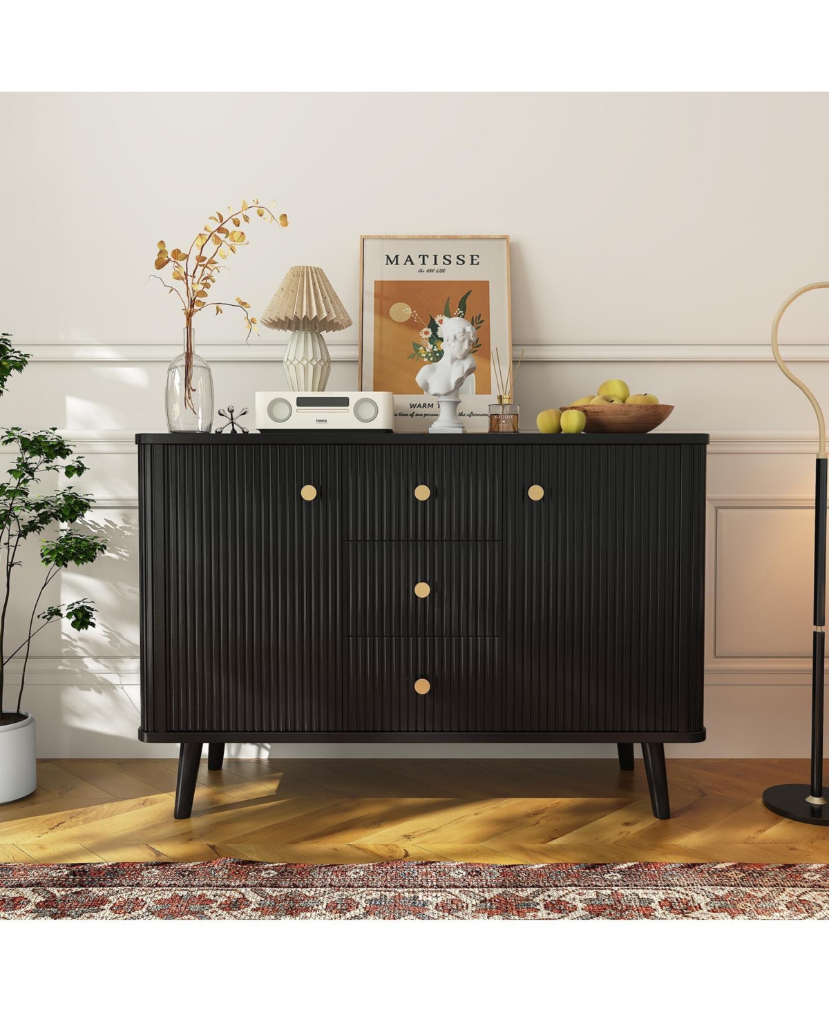 homfan 47.2" Modern Fluted Sideboard Cabinet 2 Doors and 3 Drawers, Slim Coffee Bar Station for Small Apartment and Dining Room