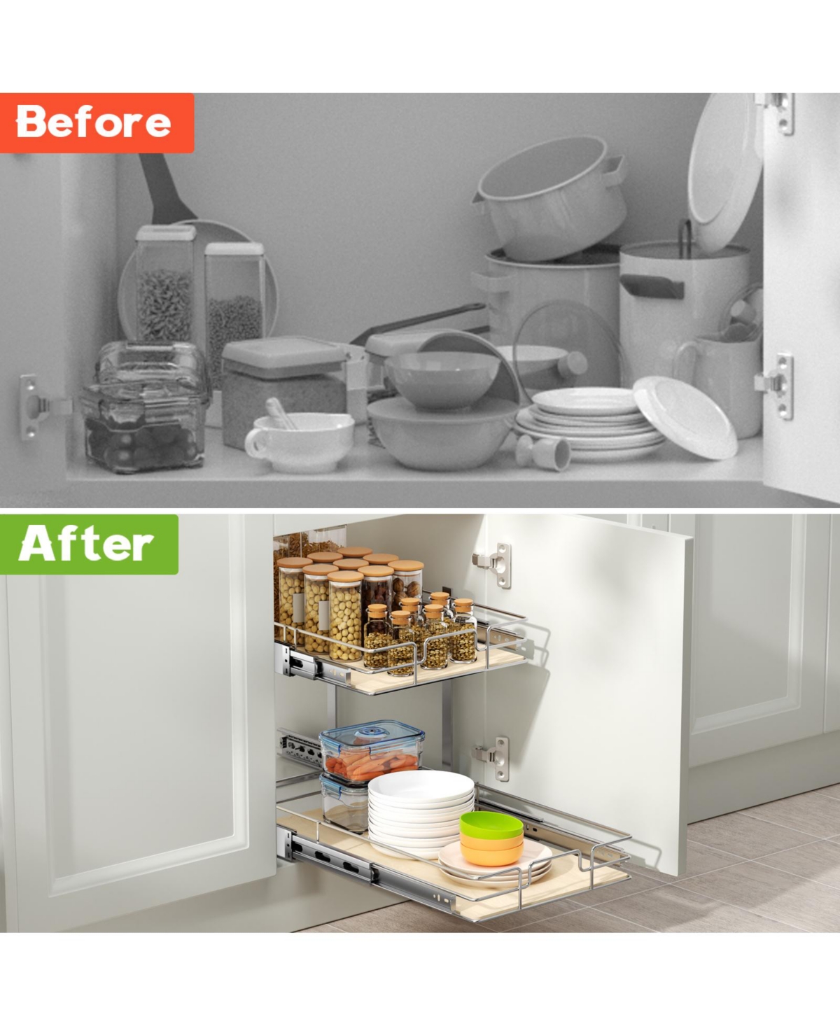 Lovmor 2 Tier Individual Pull Out Cabinet Organizer D Slide Wood Shelves Storage for Kitchen