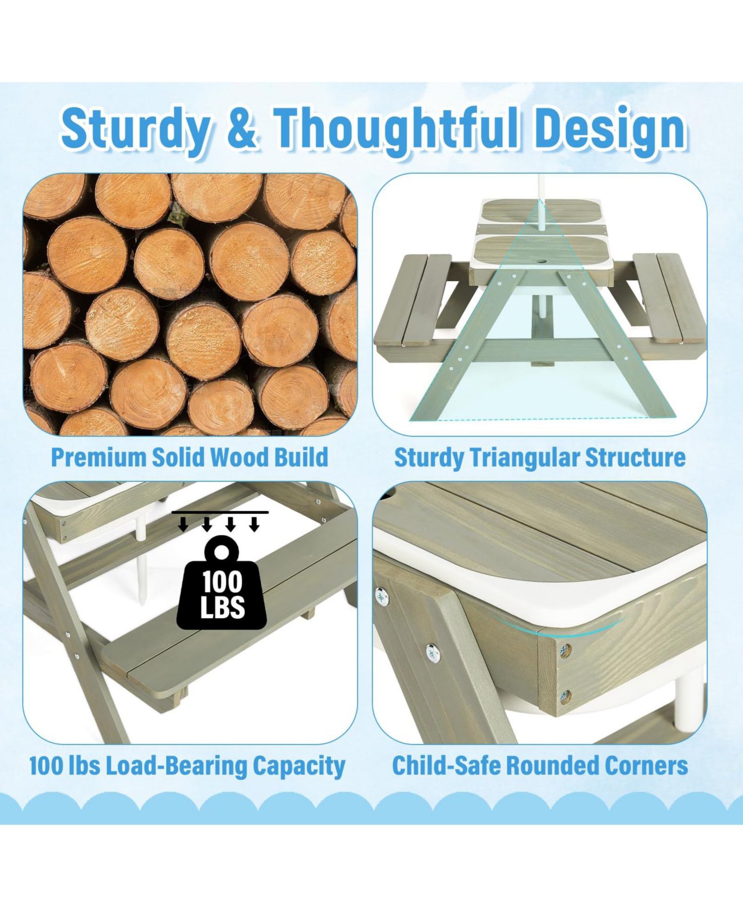 4 in 1 Kids Sand and Water Table, Wooden Sensory Activity Table with Removable Umbrella for Toddlers