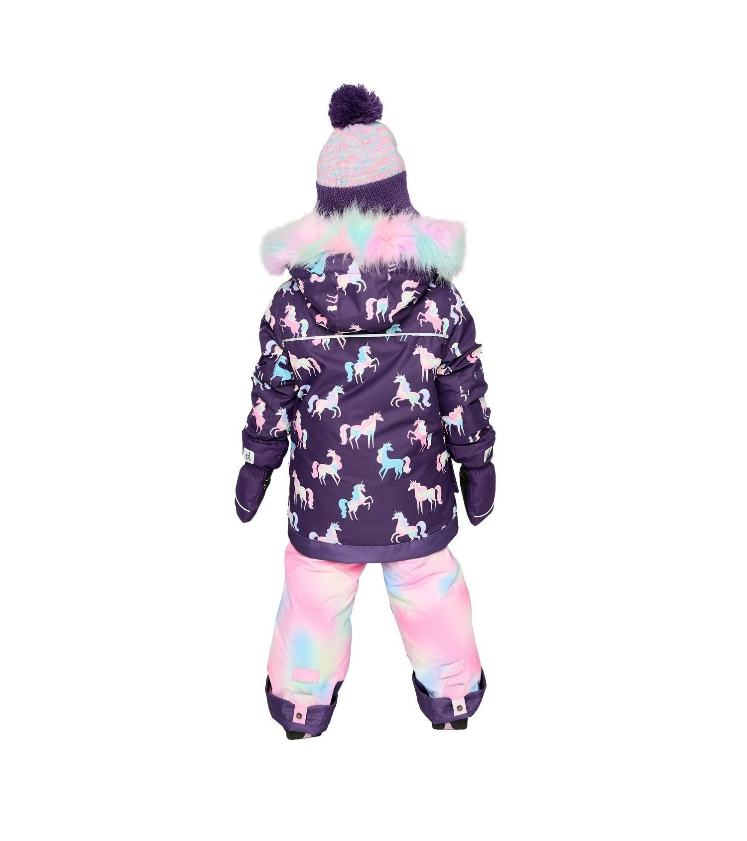 Little and Big Girl 6- 14 Two Piece Play Snowsuit Purple Unicorn Print with Multicolored Pants