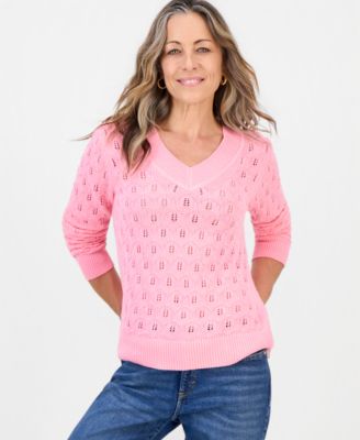 Petite Pointelle V-Neck Cotton Sweater