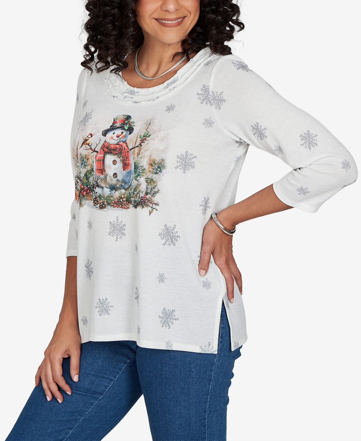 Alfred Dunner Women's Classic Shimmering Snowman Knit Top