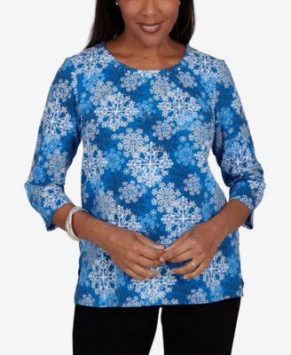 Women's Classic Blue Snowflake Print Knit Top