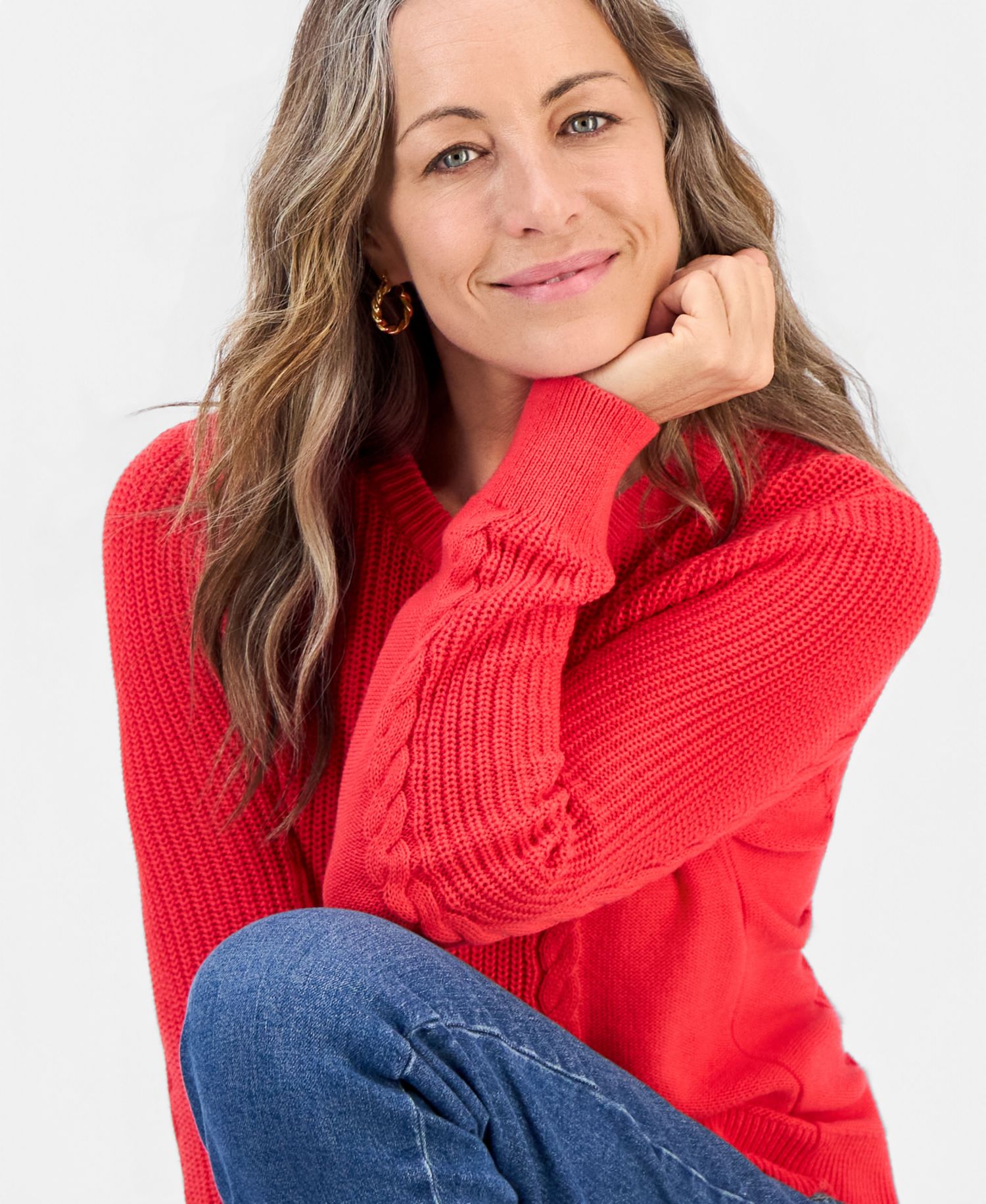 Petite Mixed Rib Cable-Knit Cotton Crewneck Pullover