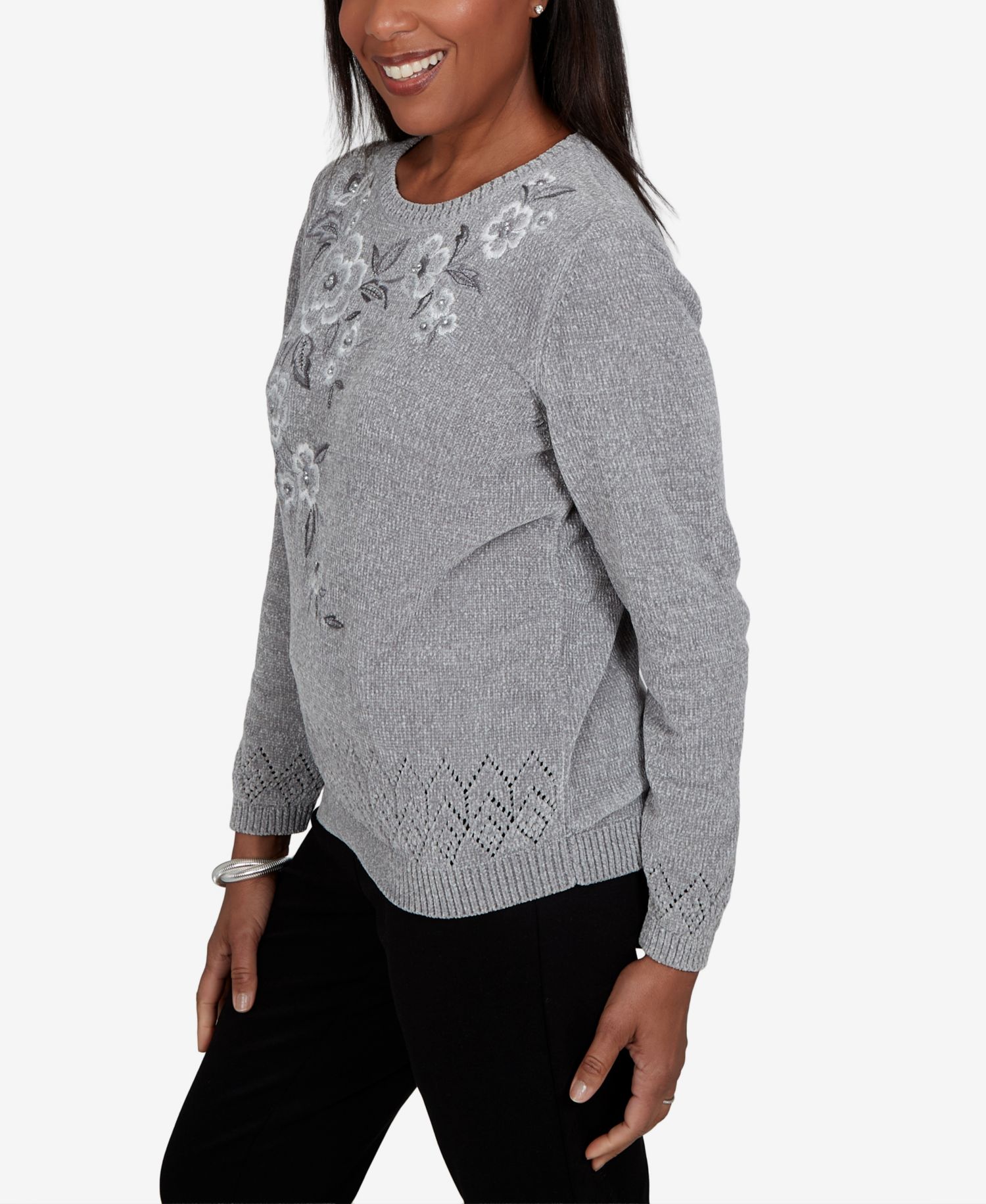 Women's Classic Embroidered Floral Textured Chenille Sweater