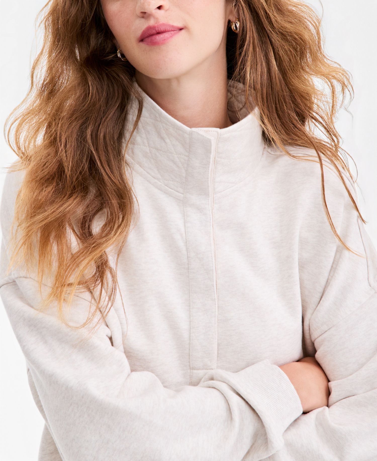 Petite Snap Henley Fleece French Terry Mock Neck Sweatshirt