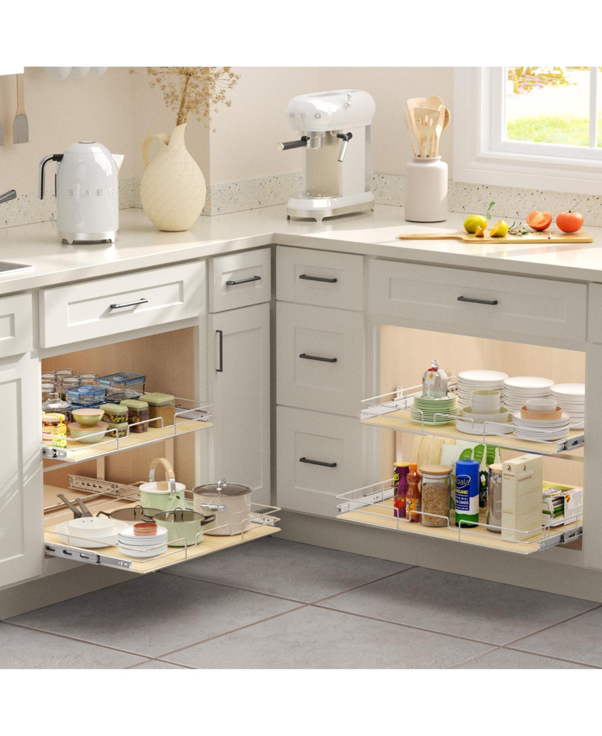 Lovmor 2 Tier Individual Pull Out Cabinet Organizer D Slide Wood Shelves Storage for Kitchen