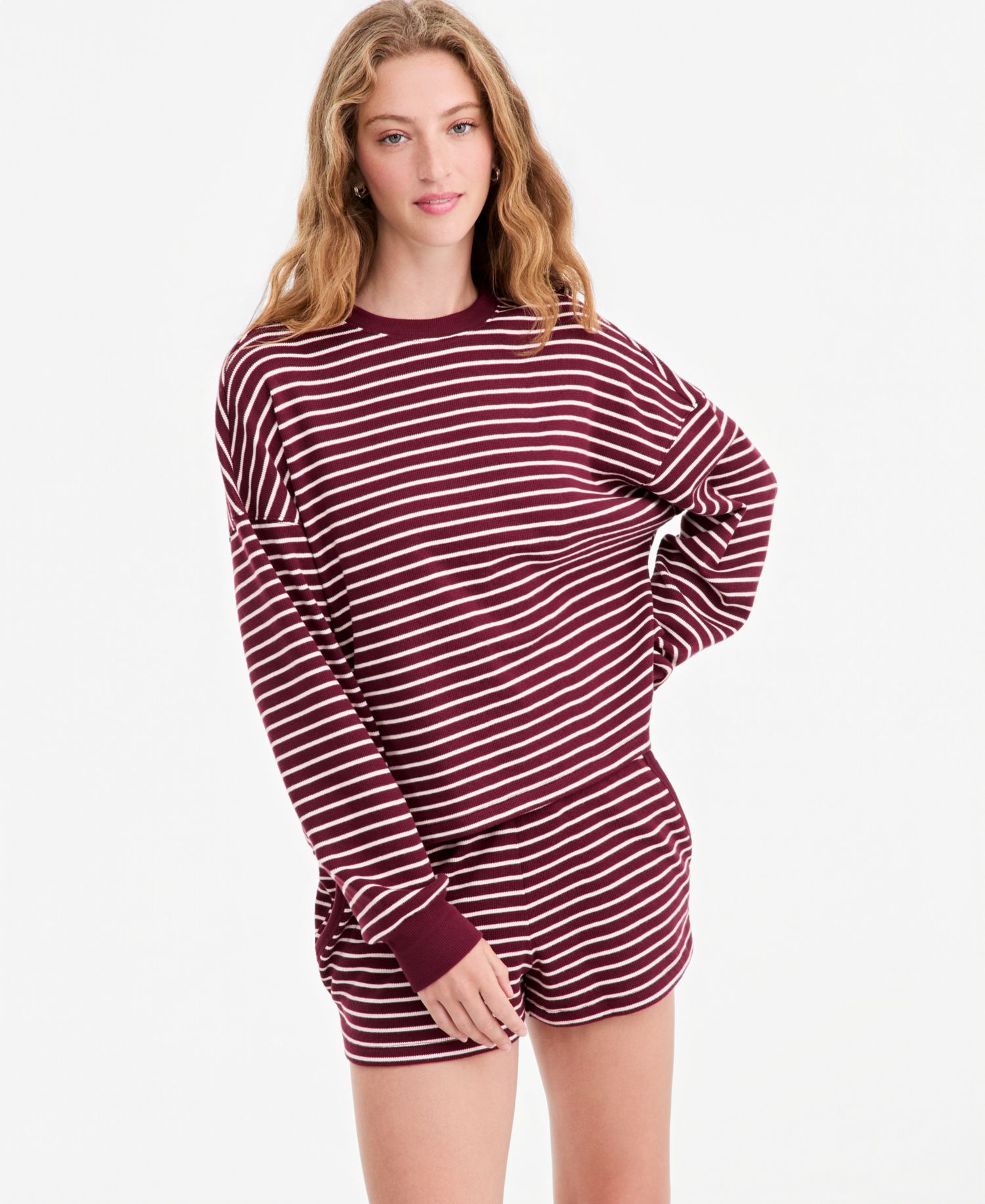 Women's Stripe Lounge Crew Waffle-Knit Crewneck Pullover Sweater