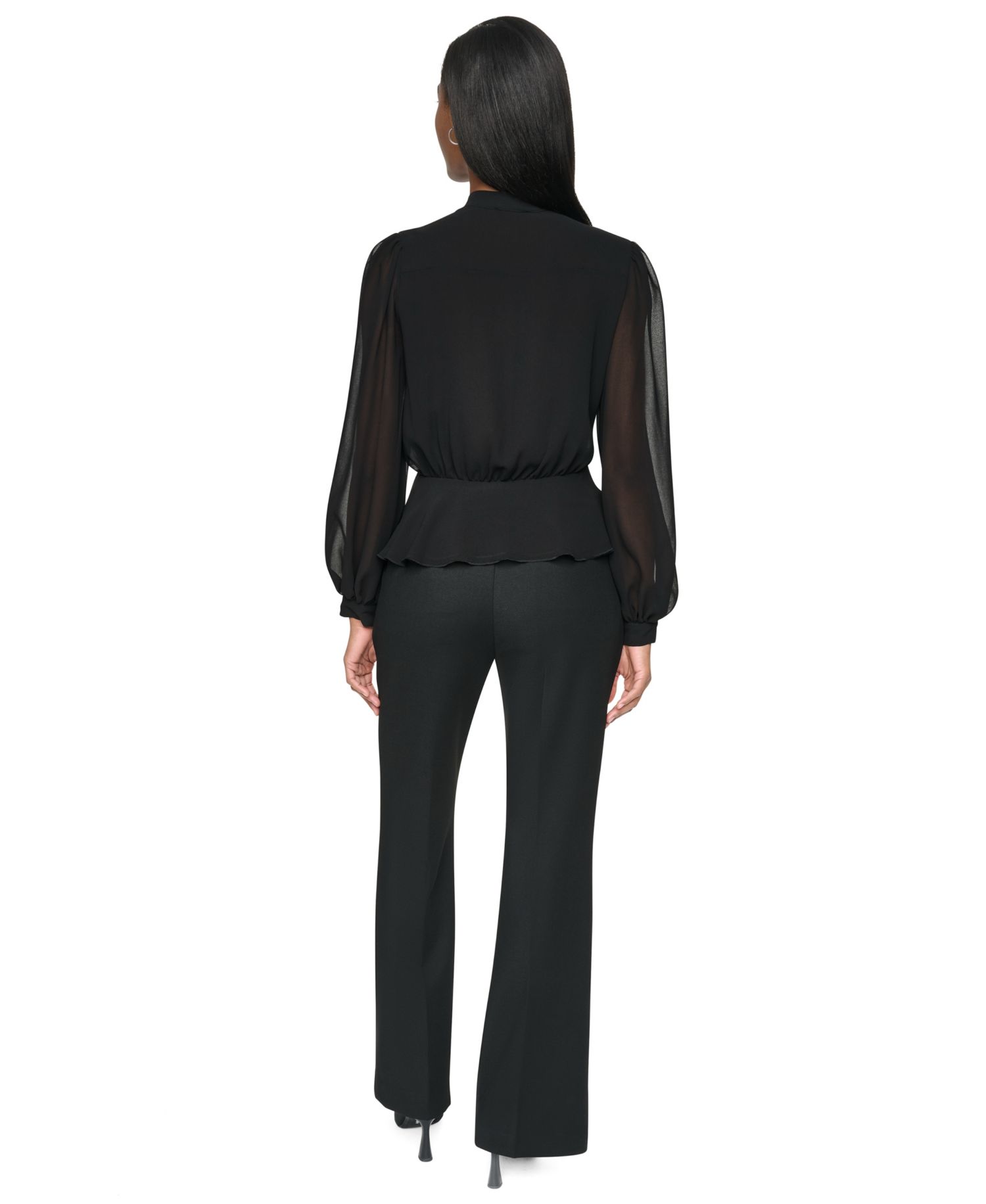 Women's Tie Neck Peplum Long-Sleeve Blouse