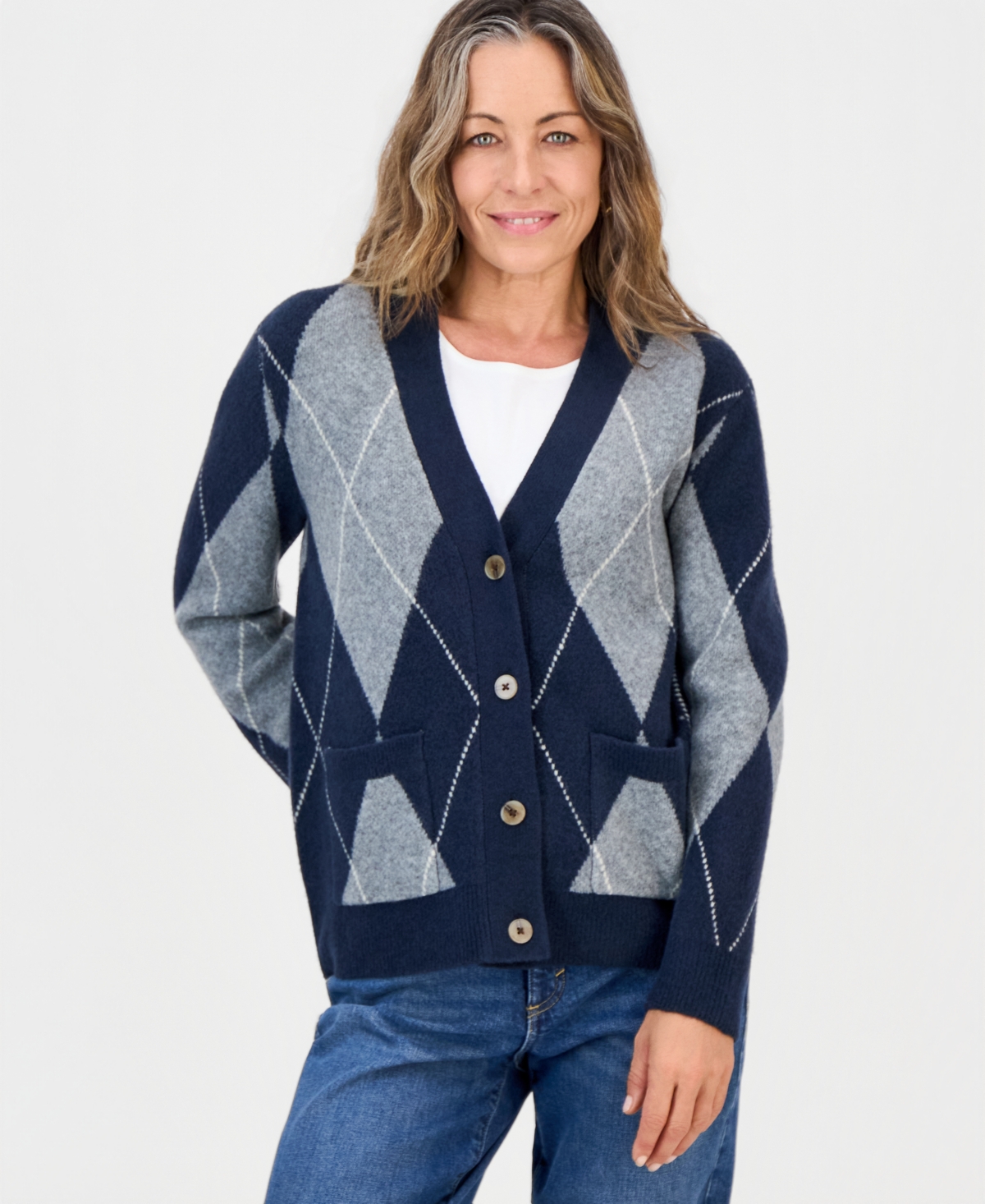 Style & Co Petite Argyle V-Neck Button-Front Cardigan, Macy's Exclusive