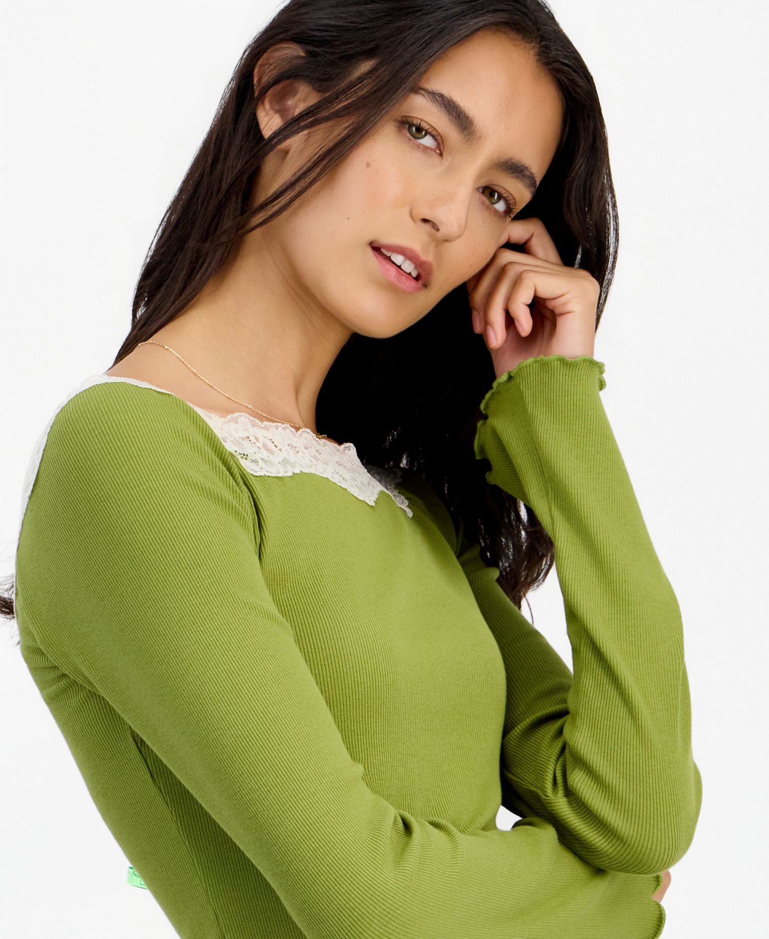 Petite Lace-Trim Scoop-Neck Long-Sleeve Top