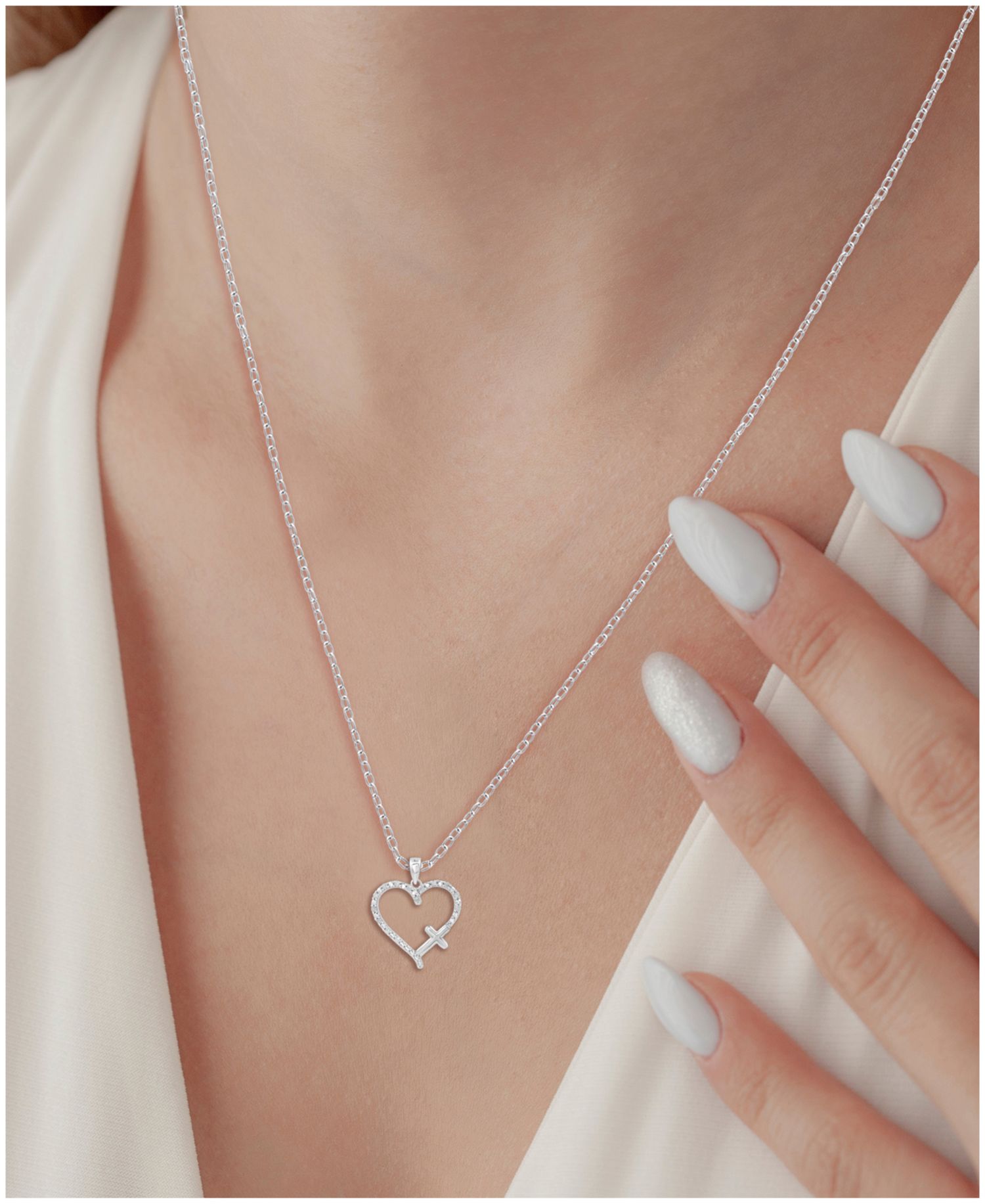 Diamond Heart & Cross 18" Pendant Necklace (1/10 ct. t.w.) in Sterling Silver or Sterling Silver & 14k Gold-Plate