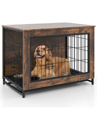 Dog Crate Furniture End Table with Double Lockable Doors Pull-Out Tray