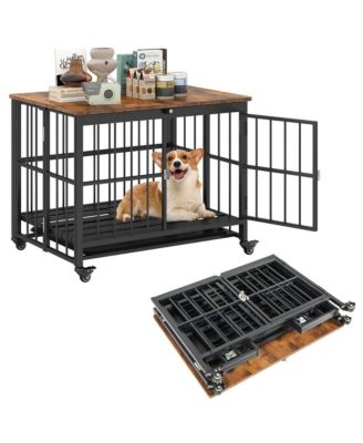 Foldable Dog Crate Furniture End Table Removable Tray Lockable Door Wheels