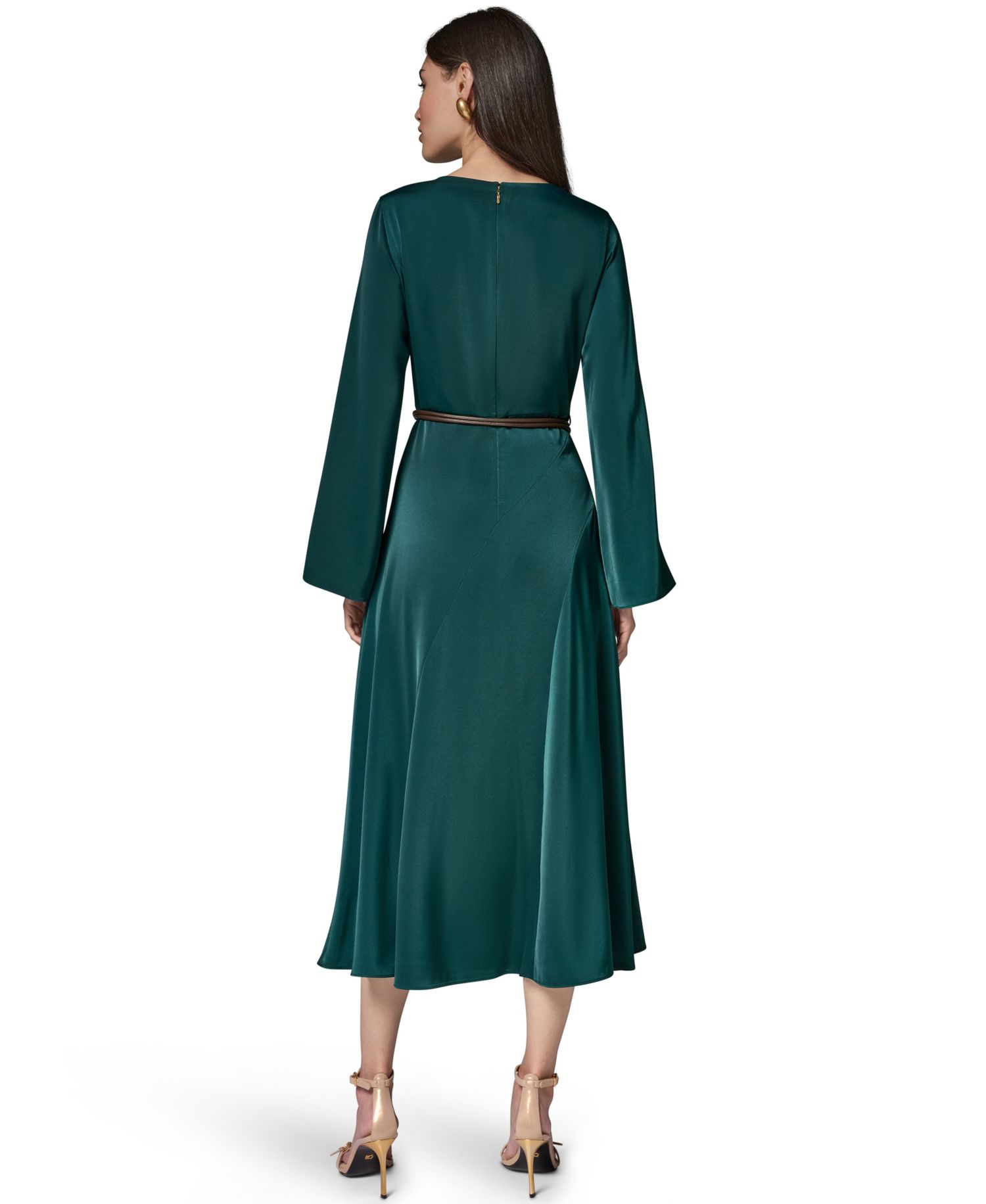 Satin Long-Sleeve Cowl Neck Belted A-Line Dress