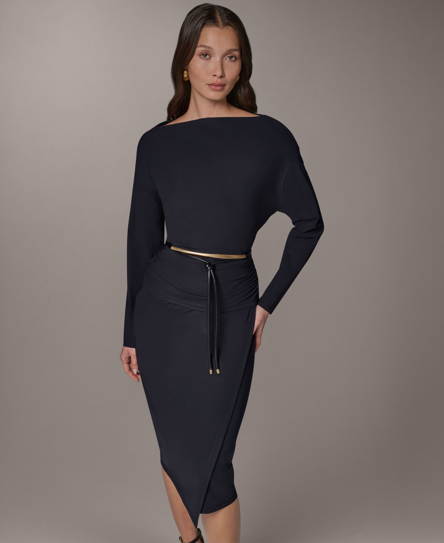 Two-Piece Long-Sleeve Draped Top & Pencil Skirt Set with Belt
