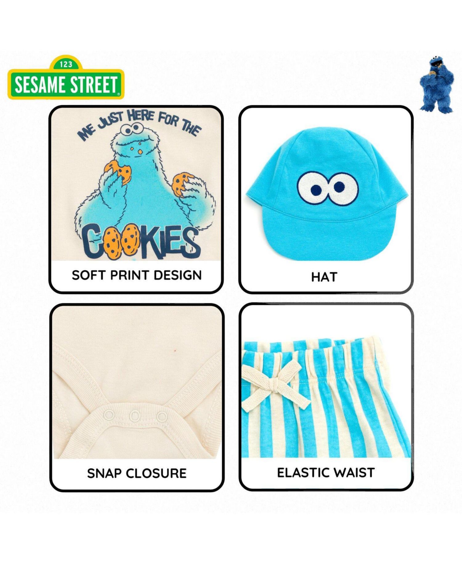 Baby Cookie Monster ( new born to 24 M )Short Sleeve Bodysuit and Bottoms Set with Hat