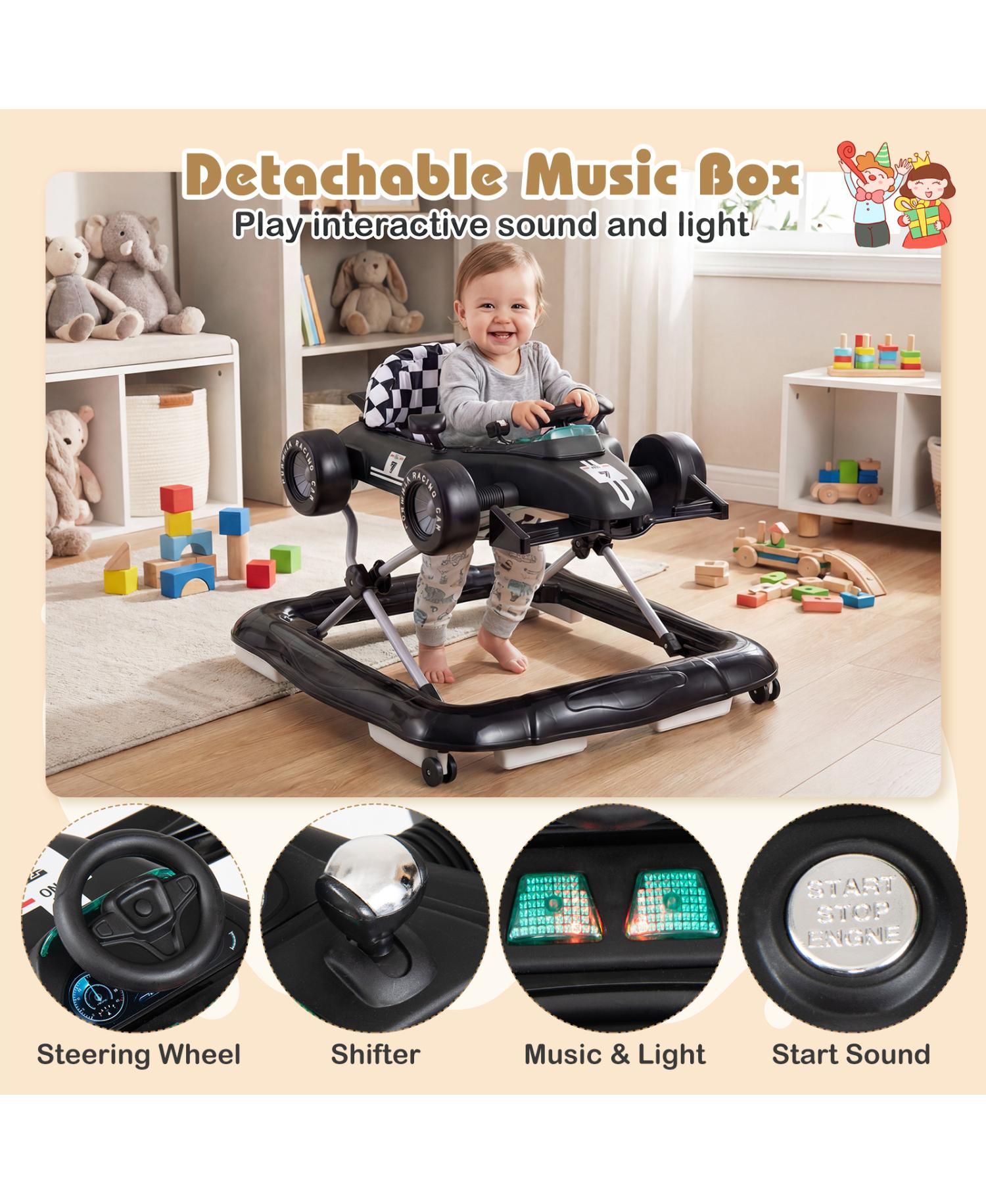 Toddler 4-in-1 Push Walker Activity Center Height Adjustable with Music