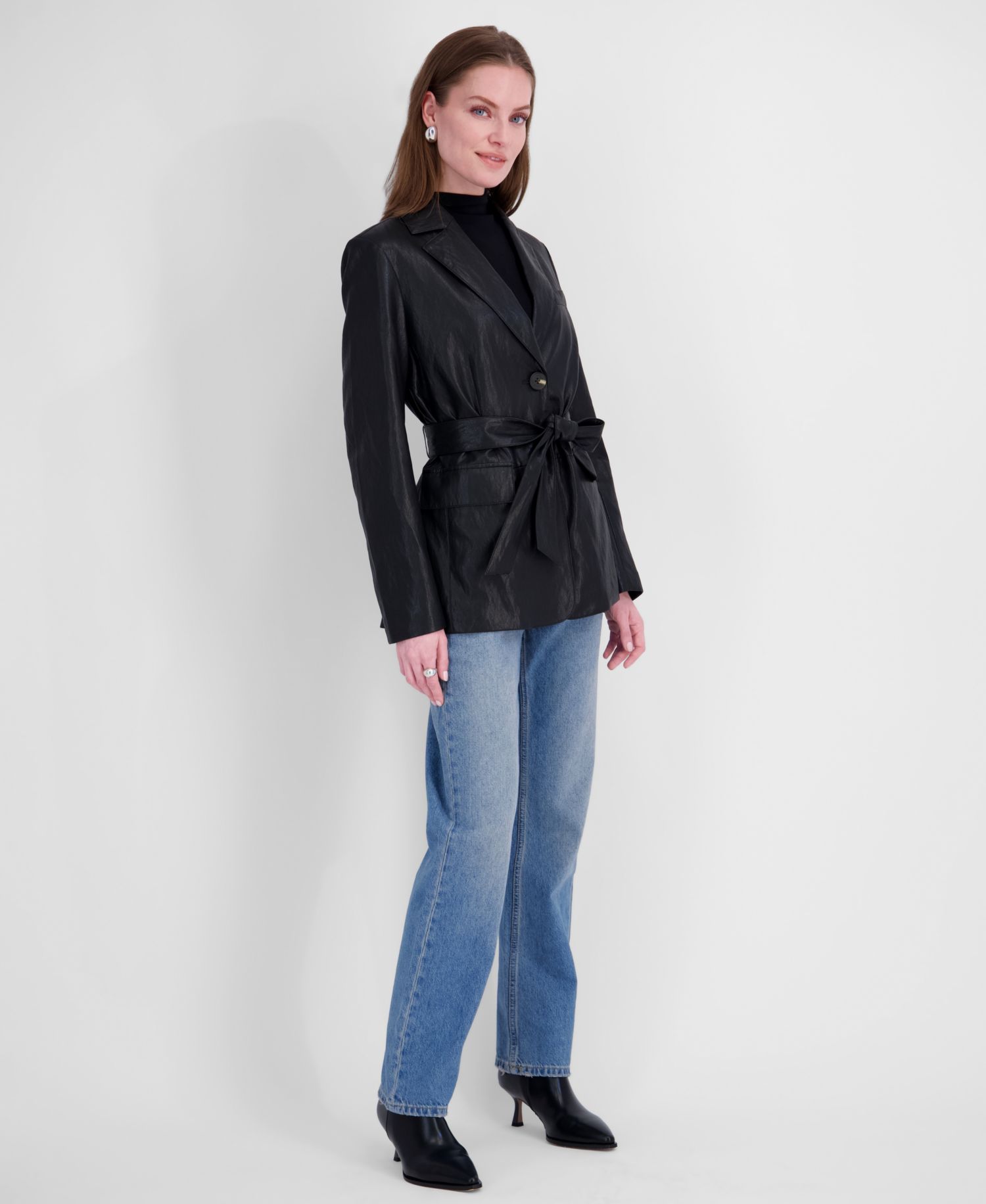 Petite Belted Faux-Leather Trench Coat