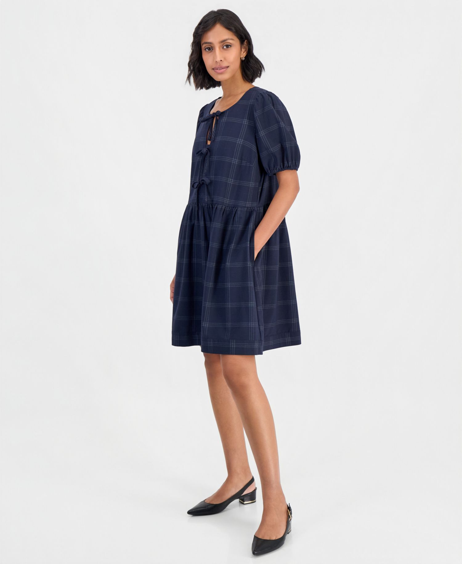 Women's Bow Front Plaid Puff-Sleeve Mini Dress