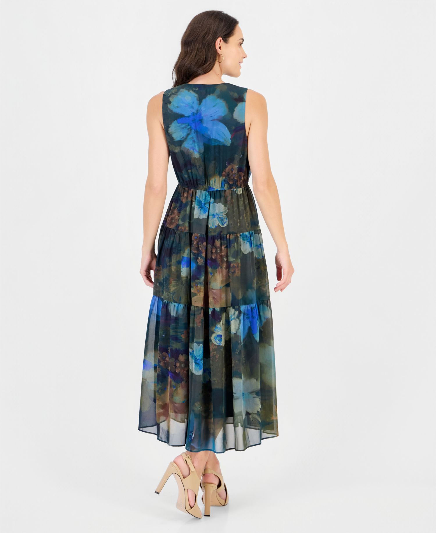 Women's Sl Tiered Maxi Sleeveless V-Neck Floral-Print Dress
