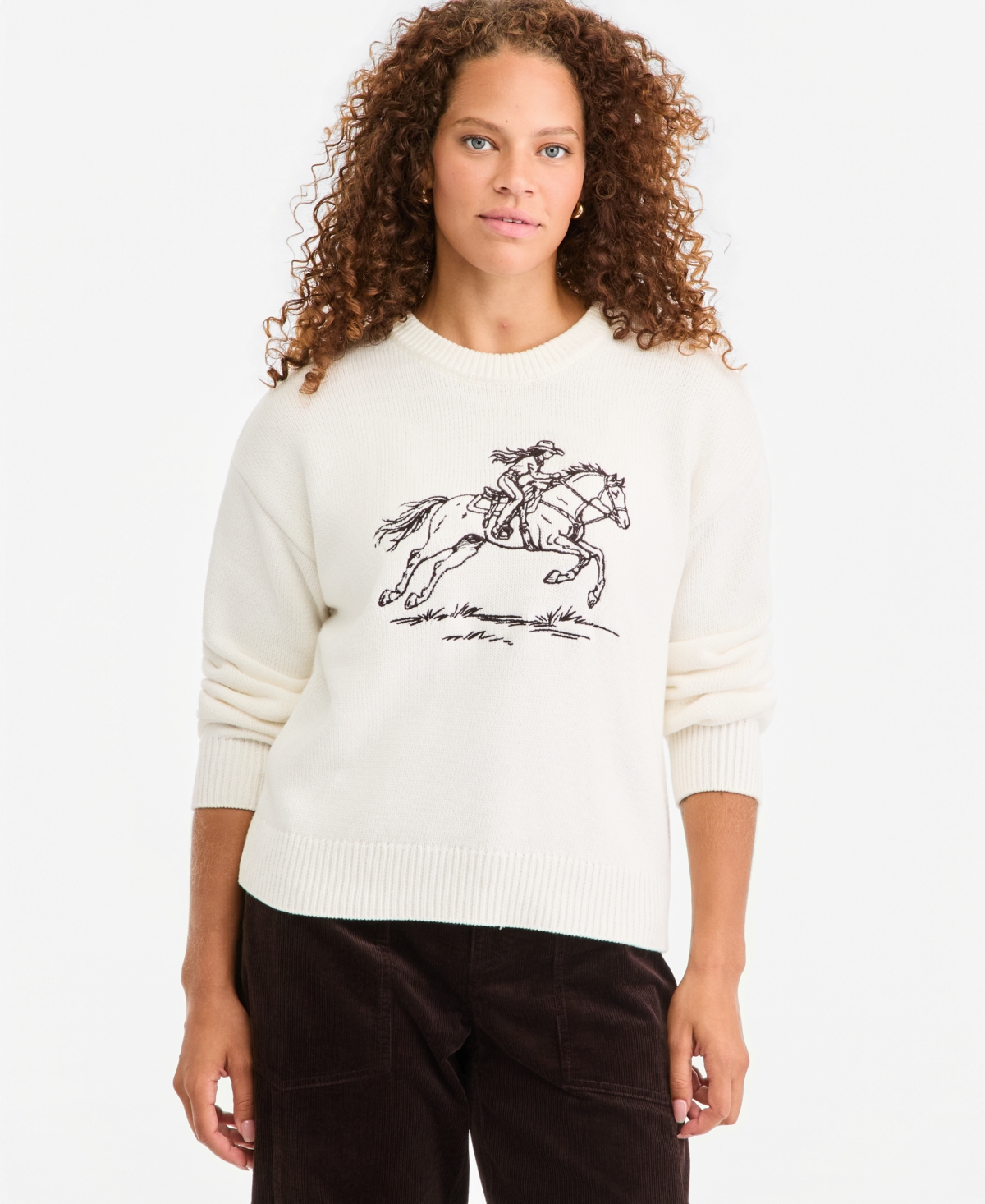 On 34th Women's Crewneck Embroidered Horse Long-sleeve Sweater, Macy's Exclusive In Metallic