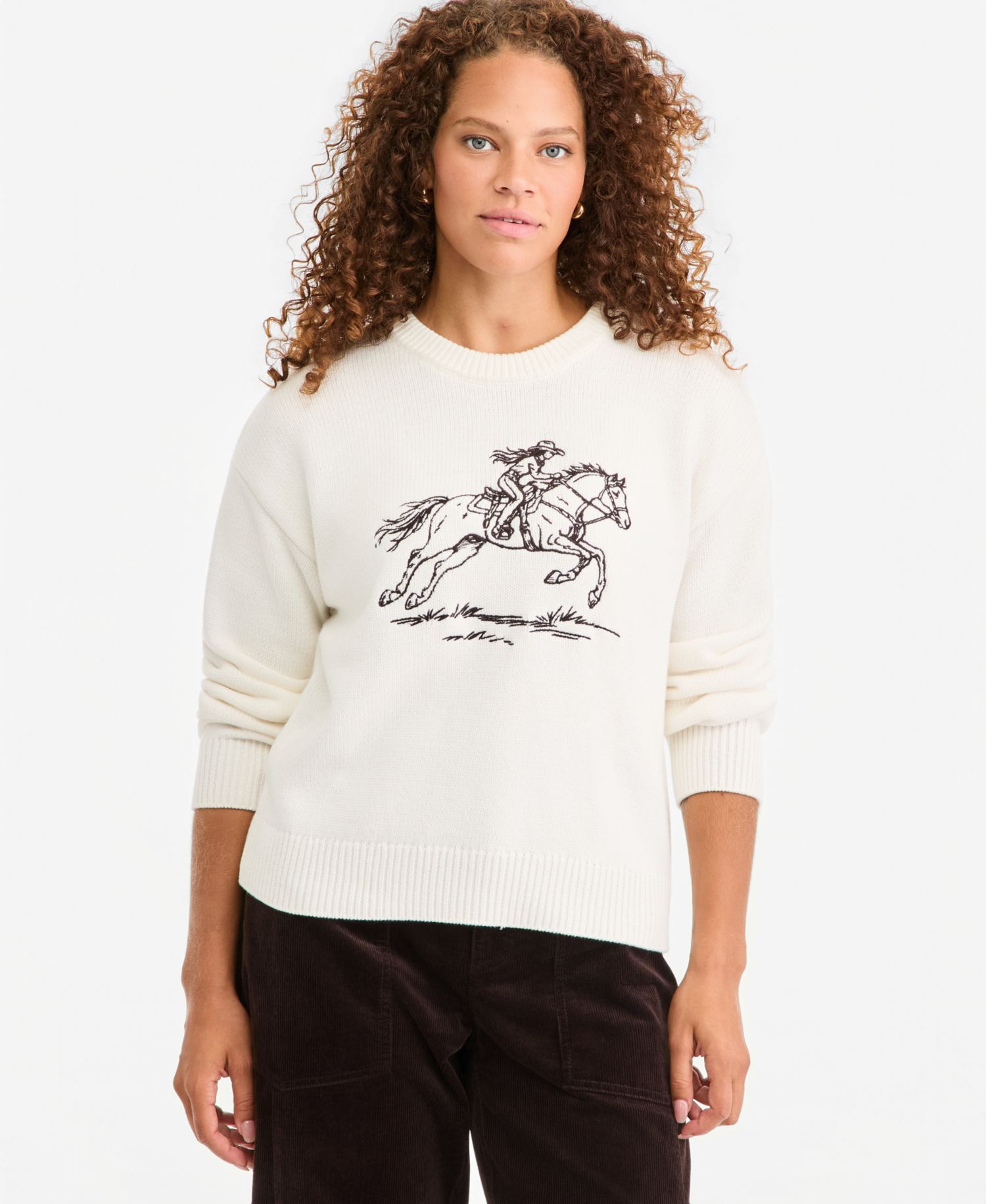 Women's Crewneck Embroidered Horse Long-Sleeve Sweater