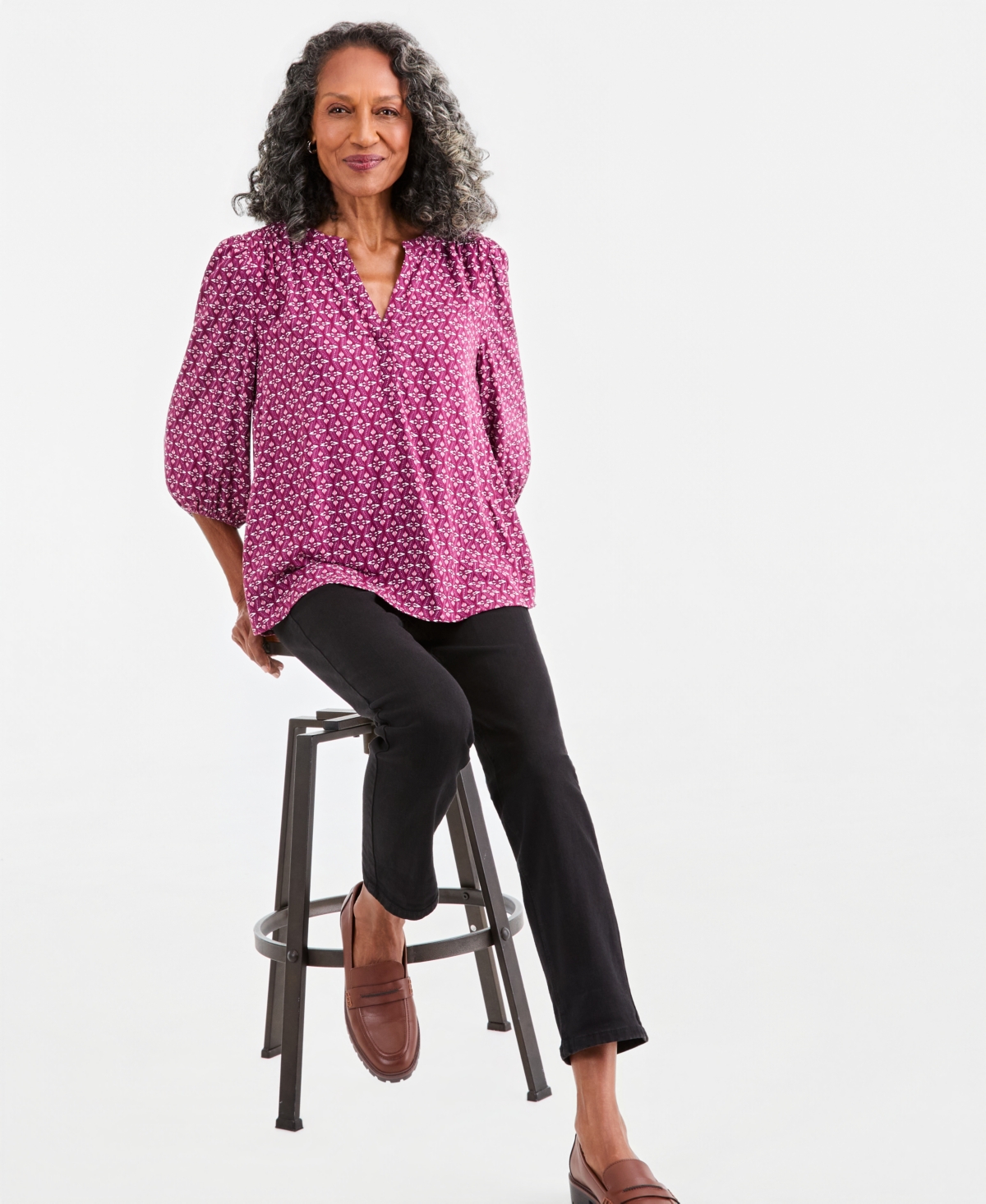 Style & Co Women's Printed Volume-Sleeve Blouse, Macy's Exclusive