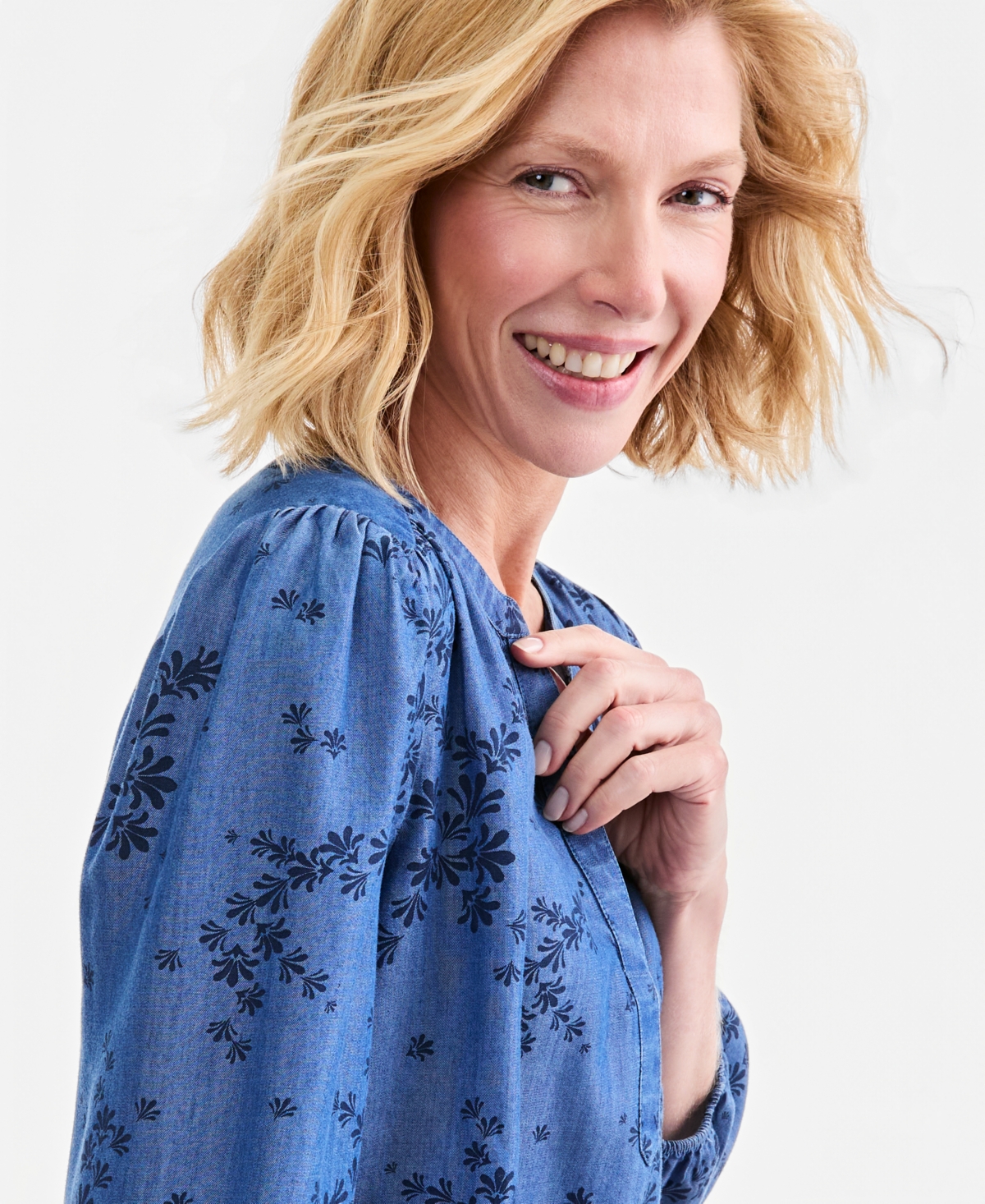 Style & Co Women's Printed Chambray Split Neck Blouse, Macy's Exclusive