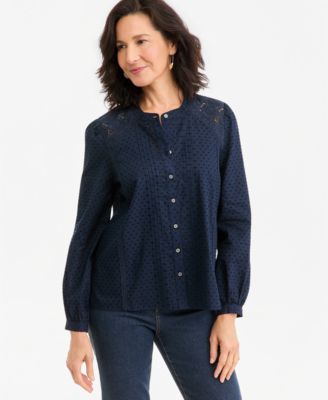 Women's Button-Front Lace Trim Top