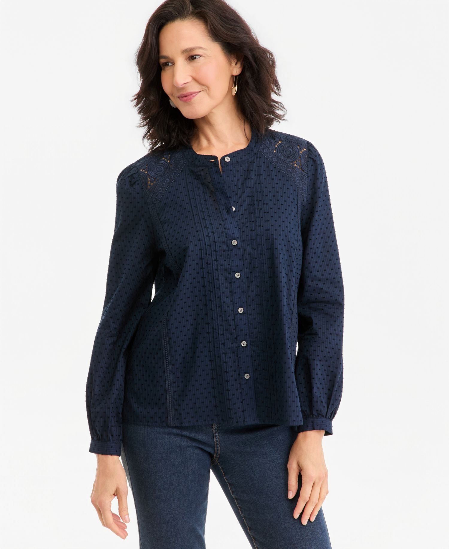Women's Button-Front Lace Trim Top