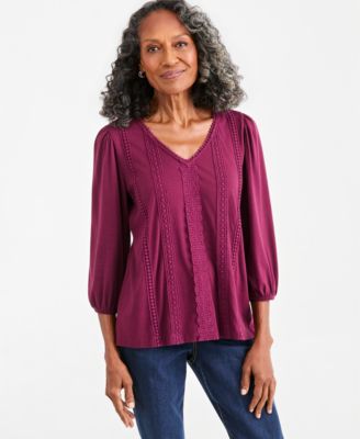 Women's 3/4-Sleeve V-Neck Embroidery Trim Top