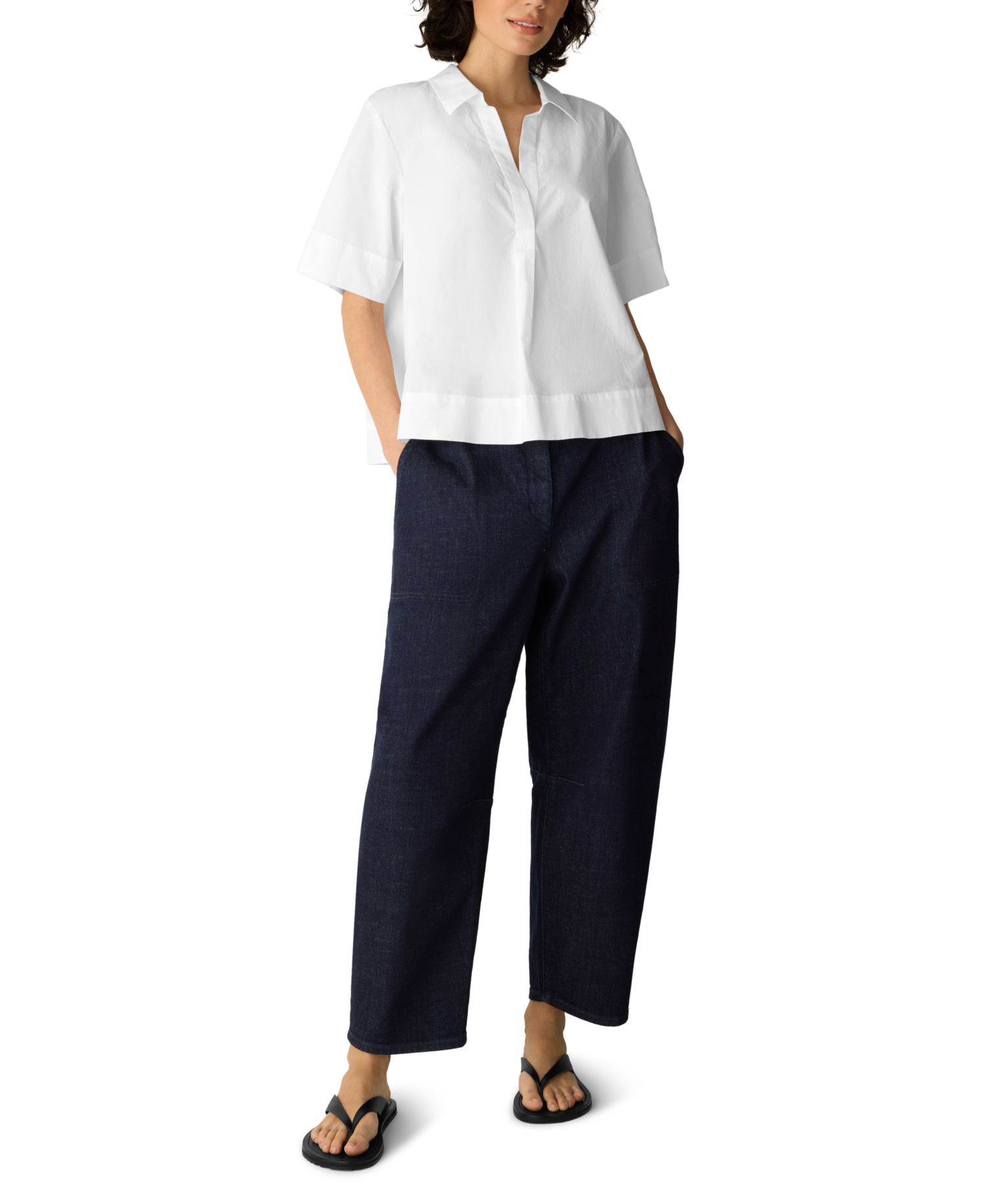 Women's Cotton Poplin Split Neck Short-Sleeve Blouse