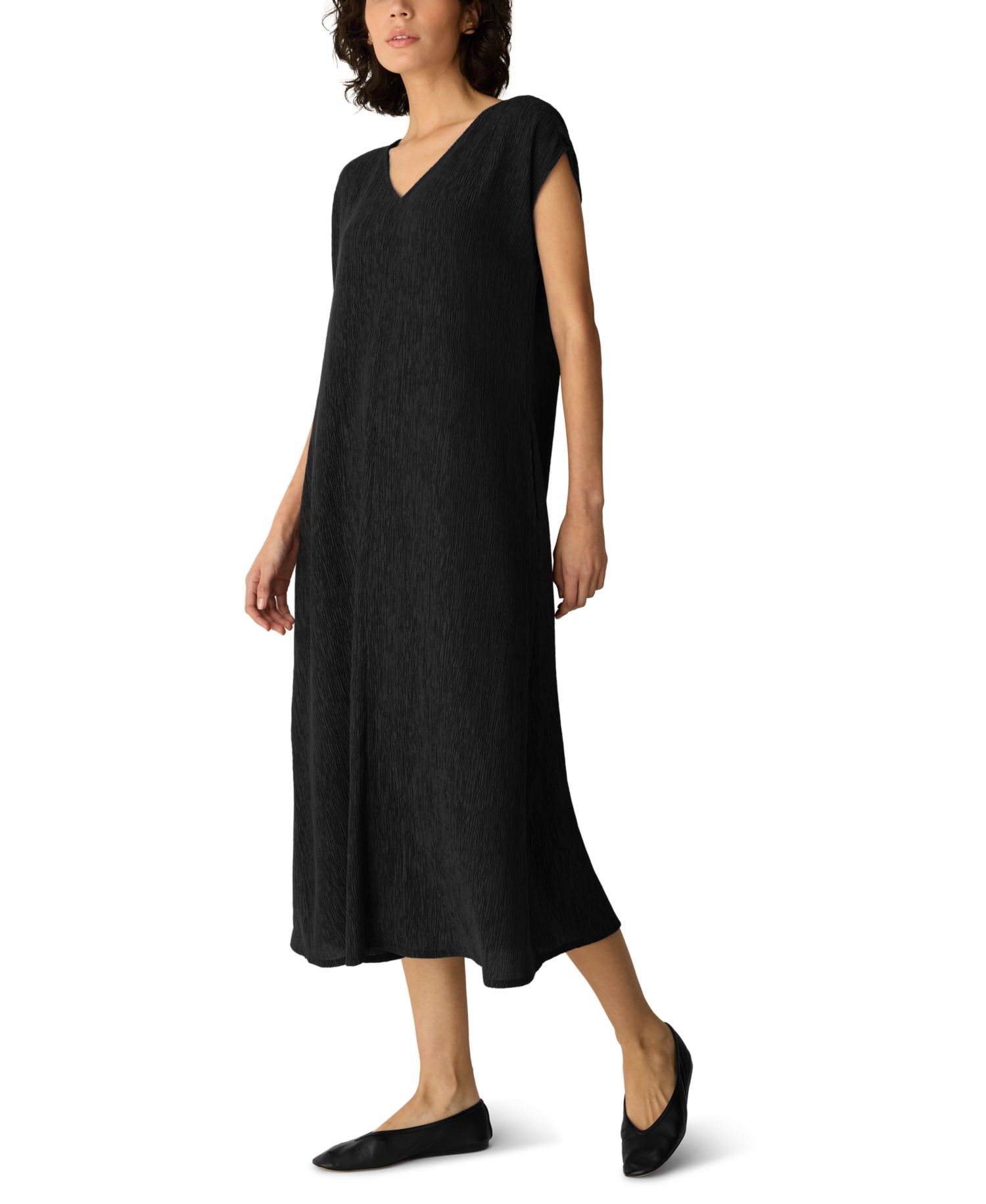 Women's Woven Pliss&eacute; V-Neck A-Line Midi Dress