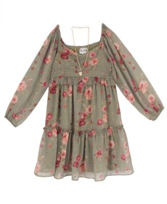 Girls' 7-16 Printed Chiffon Long-Sleeve Dress with Necklace, 2-Piece Set