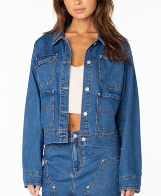 Women's Reel Life Cropped Oversized-Pocket Denim Jacket