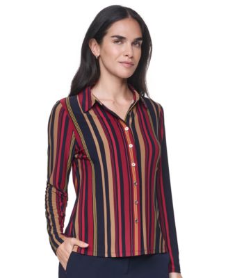 Women's Long-Sleeve Striped Knit Button-Up Top