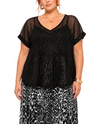 Plus Size Short-Sleeve Foil Drop V-Neck Top