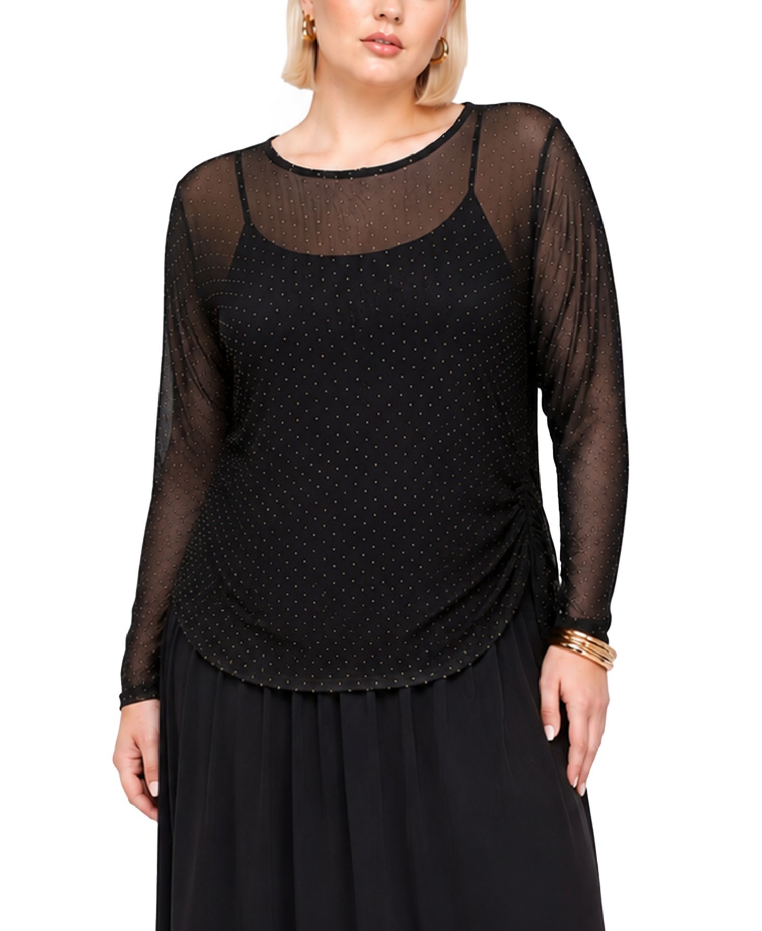 Plus Size Foil Drop Scoop Neck Side-Ruched Top